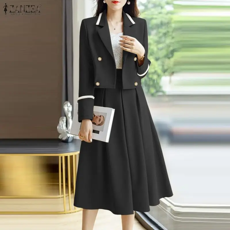ZANZEA Women's Elegant Office Blazer Suits Contrast-Color Lapel Short Blazer & Midi Skirts 2 Pieces Sets Outfit Chic Skirt Suits