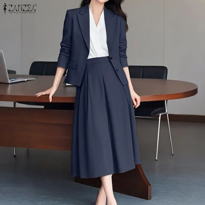 ZANZEA Elegant Women's Skirt Suits Long Sleeve Blazer Jackets & A-Line Pleated Skirts 2 Pieces Sets Outfits Office Lady Sets 3XL