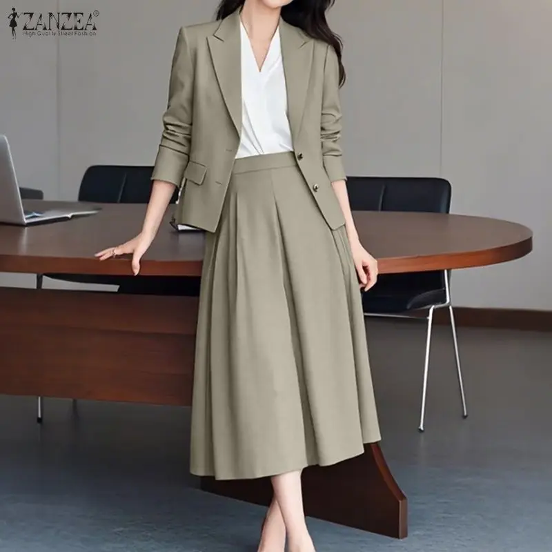 ZANZEA Elegant Women's Skirt Suits Long Sleeve Blazer Jackets & A-Line Pleated Skirts 2 Pieces Sets Outfits Office Lady Sets 3XL