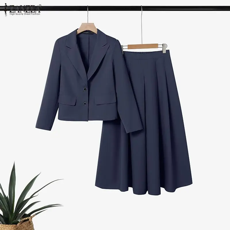 ZANZEA Elegant Women's Skirt Suits Long Sleeve Blazer Jackets & A-Line Pleated Skirts 2 Pieces Sets Outfits Office Lady Sets 3XL