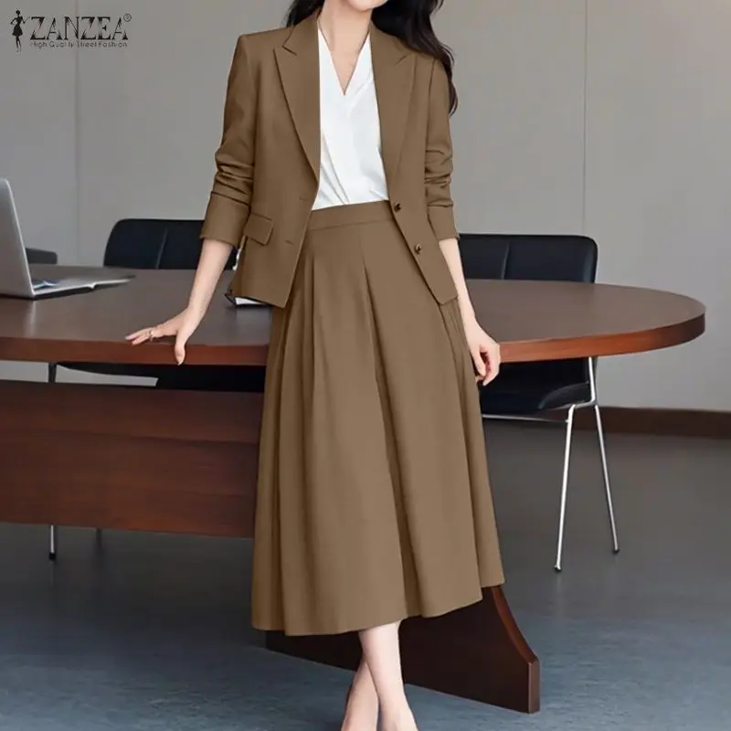 ZANZEA Elegant Women's Skirt Suits Long Sleeve Blazer Jackets & A-Line Pleated Skirts 2 Pieces Sets Outfits Office Lady Sets 3XL