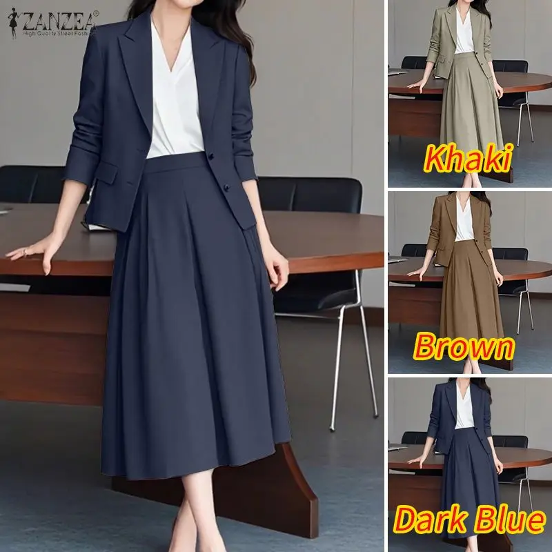 ZANZEA Elegant Women's Skirt Suits Long Sleeve Blazer Jackets & A-Line Pleated Skirts 2 Pieces Sets Outfits Office Lady Sets 3XL