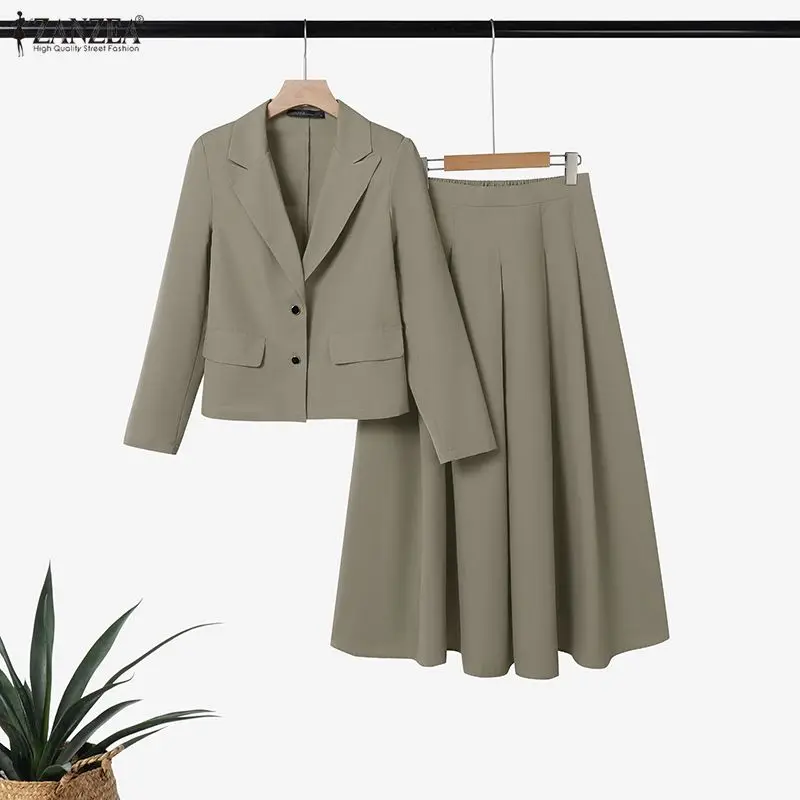 ZANZEA Elegant Women's Skirt Suits Long Sleeve Blazer Jackets & A-Line Pleated Skirts 2 Pieces Sets Outfits Office Lady Sets 3XL
