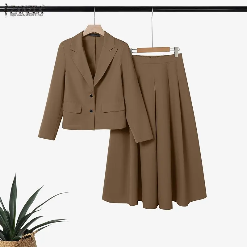 ZANZEA Elegant Women's Skirt Suits Long Sleeve Blazer Jackets & A-Line Pleated Skirts 2 Pieces Sets Outfits Office Lady Sets 3XL