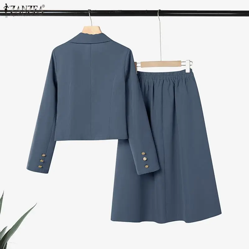 ZANZEA Elegant Office Wear Skirt Suits Women's Long Sleeve Short Blazer Jackets & A-Line Midi Skirts 2 Piece Sets Woman Outfits