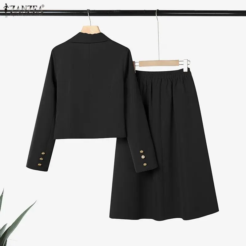 ZANZEA Elegant Office Wear Skirt Suits Women's Long Sleeve Short Blazer Jackets & A-Line Midi Skirts 2 Piece Sets Woman Outfits