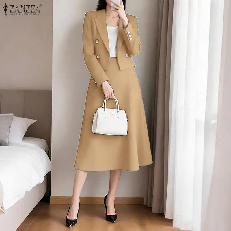 ZANZEA Elegant Office Wear Skirt Suits Women's Long Sleeve Short Blazer Jackets & A-Line Midi Skirts 2 Piece Sets Woman Outfits
