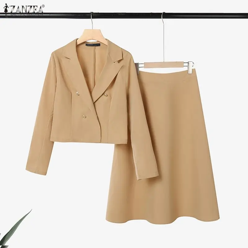 ZANZEA Elegant Office Wear Skirt Suits Women's Long Sleeve Short Blazer Jackets & A-Line Midi Skirts 2 Piece Sets Woman Outfits