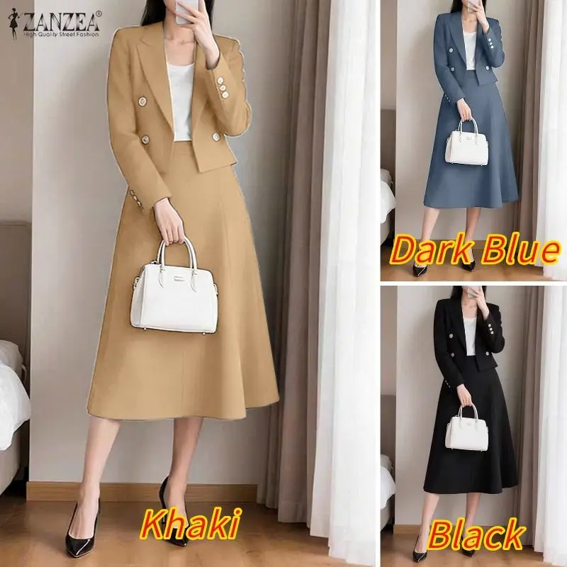 ZANZEA Elegant Office Wear Skirt Suits Women's Long Sleeve Short Blazer Jackets & A-Line Midi Skirts 2 Piece Sets Woman Outfits