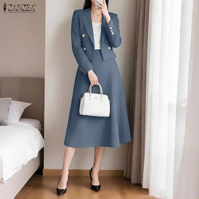 ZANZEA Elegant Office Wear Skirt Suits Women's Long Sleeve Short Blazer Jackets & A-Line Midi Skirts 2 Piece Sets Woman Outfits