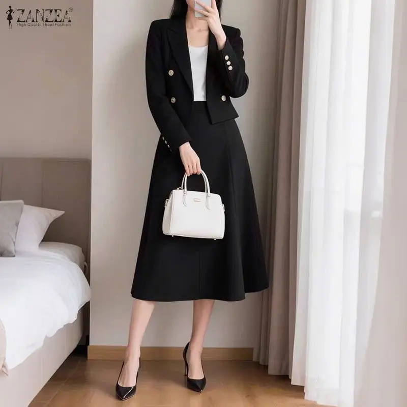 ZANZEA Elegant Office Wear Skirt Suits Women's Long Sleeve Short Blazer Jackets & A-Line Midi Skirts 2 Piece Sets Woman Outfits