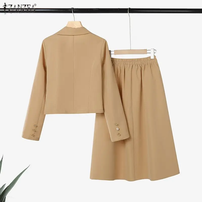 ZANZEA Elegant Office Wear Skirt Suits Women's Long Sleeve Short Blazer Jackets & A-Line Midi Skirts 2 Piece Sets Woman Outfits