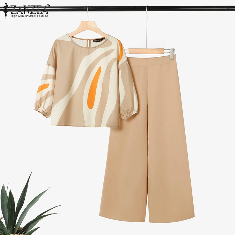 ZANZEA Womens Casual 2 Pieces Sets Printed 3/4 Sleeve Blouses Wide Leg Pants Two Pieces Outfits 2025 Fashion Day Wear Pant Sets