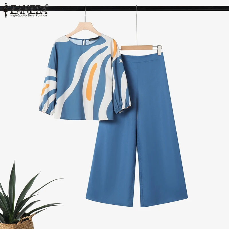 ZANZEA Womens Casual 2 Pieces Sets Printed 3/4 Sleeve Blouses Wide Leg Pants Two Pieces Outfits 2025 Fashion Day Wear Pant Sets