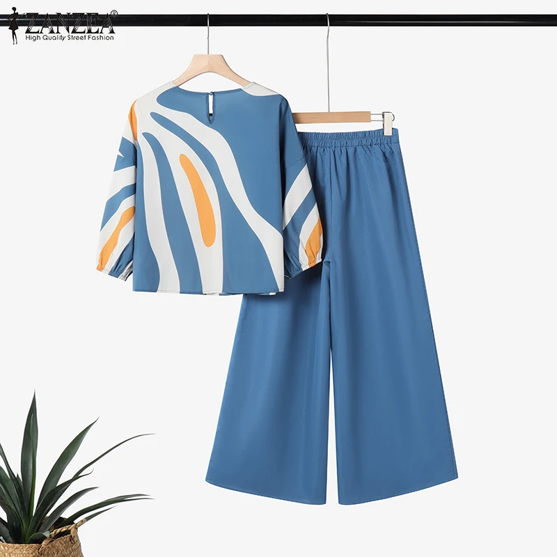 ZANZEA Womens Casual 2 Pieces Sets Printed 3/4 Sleeve Blouses Wide Leg Pants Two Pieces Outfits 2025 Fashion Day Wear Pant Sets