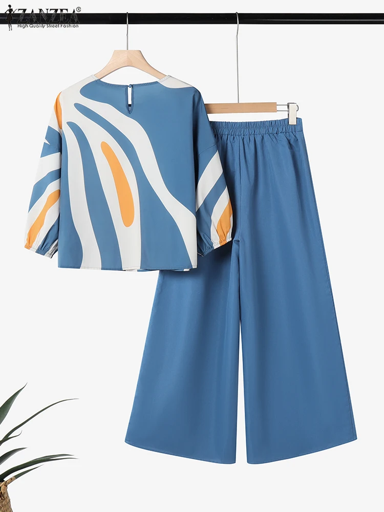ZANZEA Womens Casual 2 Pieces Sets Printed 3/4 Sleeve Blouses Wide Leg Pants Two Pieces Outfits 2025 Fashion Day Wear Pant Sets