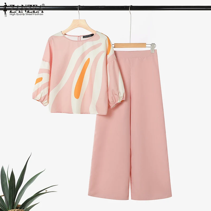ZANZEA Womens Casual 2 Pieces Sets Printed 3/4 Sleeve Blouses Wide Leg Pants Two Pieces Outfits 2025 Fashion Day Wear Pant Sets