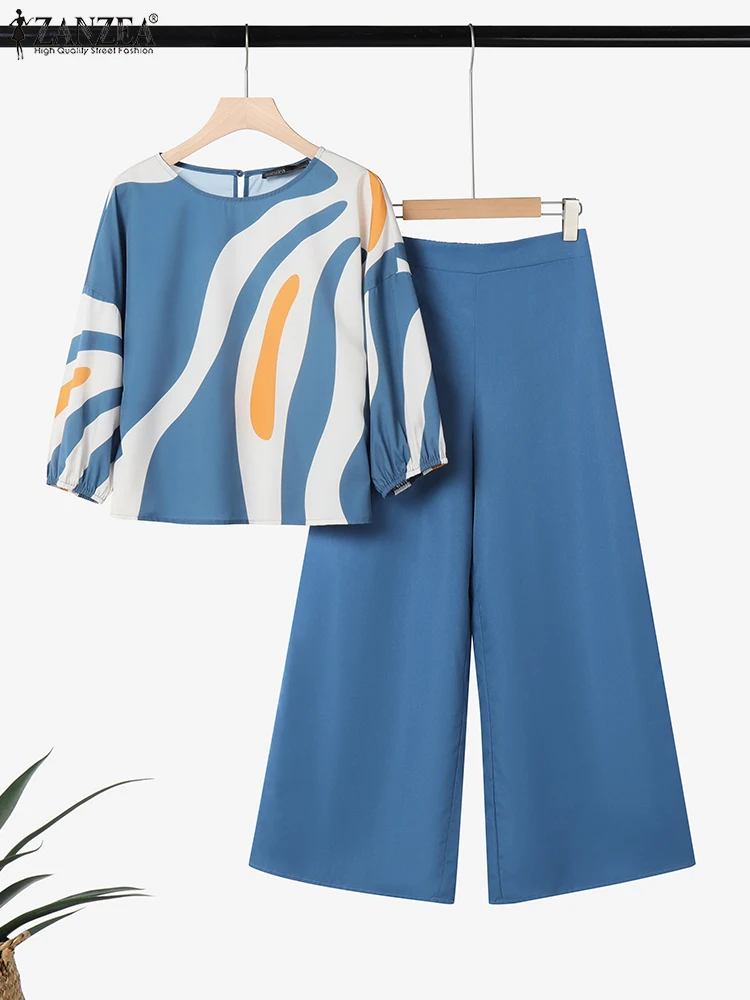 ZANZEA Womens Casual 2 Pieces Sets Printed 3/4 Sleeve Blouses Wide Leg Pants Two Pieces Outfits 2025 Fashion Day Wear Pant Sets