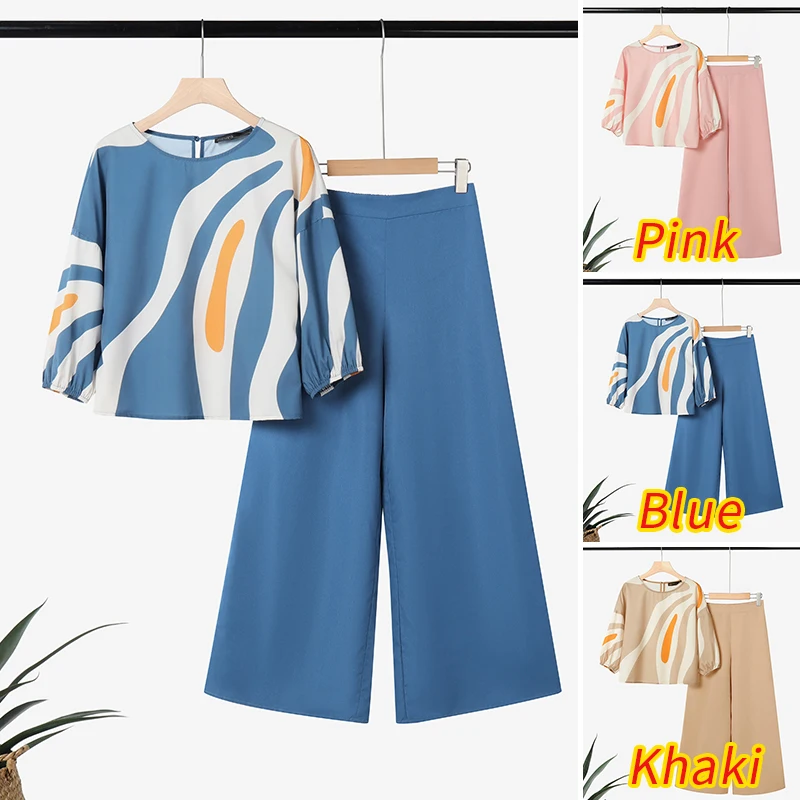 ZANZEA Womens Casual 2 Pieces Sets Printed 3/4 Sleeve Blouses Wide Leg Pants Two Pieces Outfits 2025 Fashion Day Wear Pant Sets