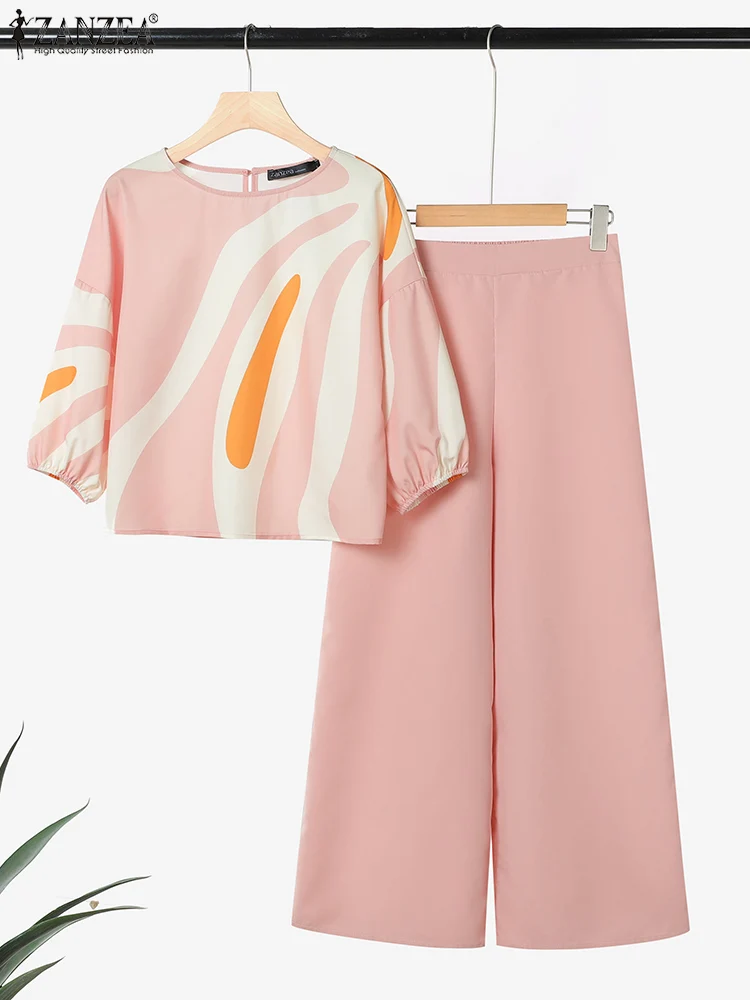 ZANZEA Womens Casual 2 Pieces Sets Printed 3/4 Sleeve Blouses Wide Leg Pants Two Pieces Outfits 2025 Fashion Day Wear Pant Sets