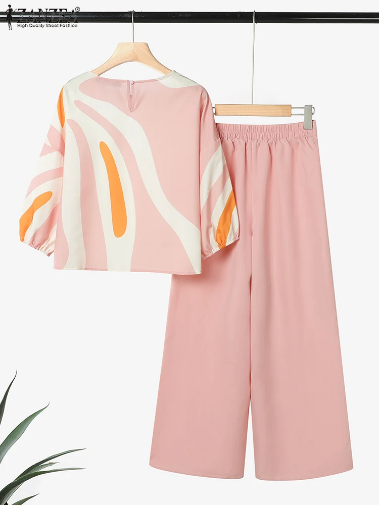 ZANZEA Womens Casual 2 Pieces Sets Printed 3/4 Sleeve Blouses Wide Leg Pants Two Pieces Outfits 2025 Fashion Day Wear Pant Sets