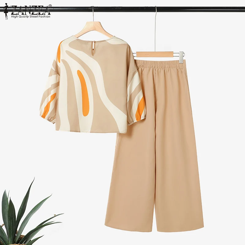 ZANZEA Womens Casual 2 Pieces Sets Printed 3/4 Sleeve Blouses Wide Leg Pants Two Pieces Outfits 2025 Fashion Day Wear Pant Sets