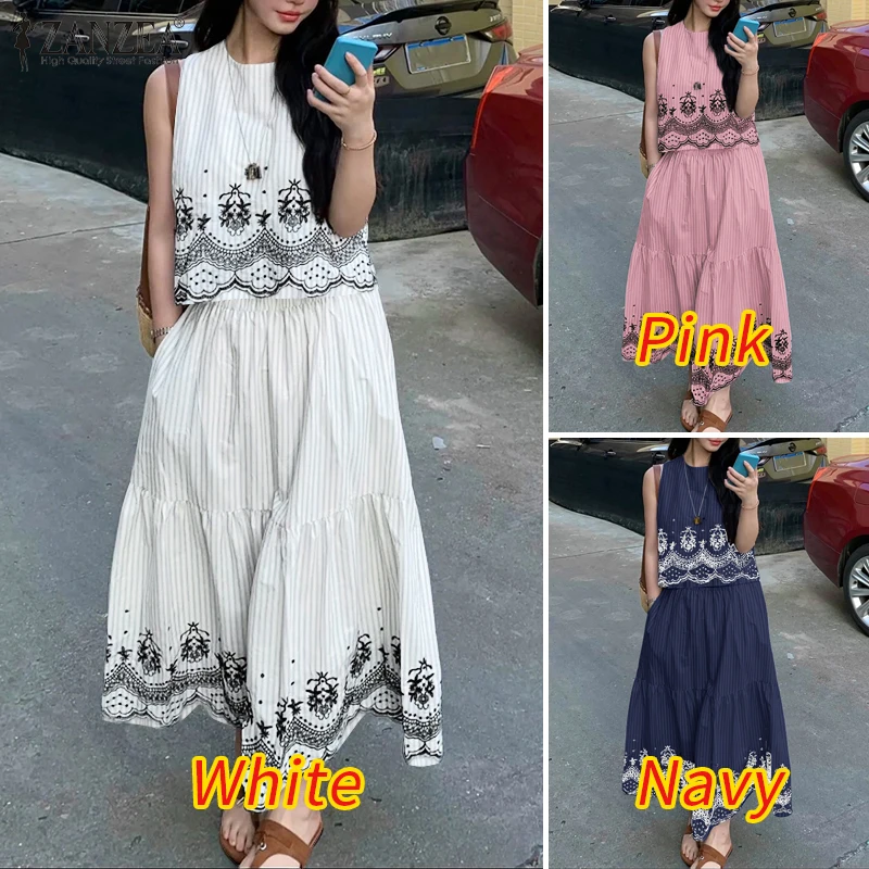 ZANZEA Fashion Striped Skirt Sets Women Vintage Printed Sleeveless Tops and A-Line Long Skirts 2 Pieces Dress Sets Woman Outfits