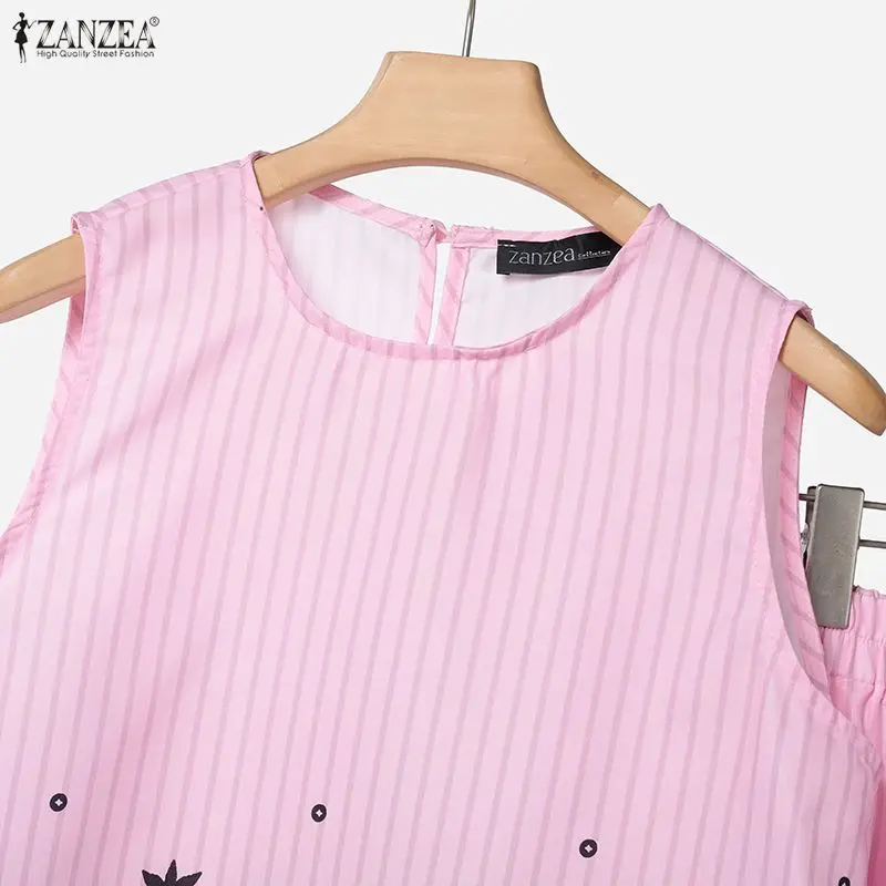 ZANZEA Fashion Striped Skirt Sets Women Vintage Printed Sleeveless Tops and A-Line Long Skirts 2 Pieces Dress Sets Woman Outfits