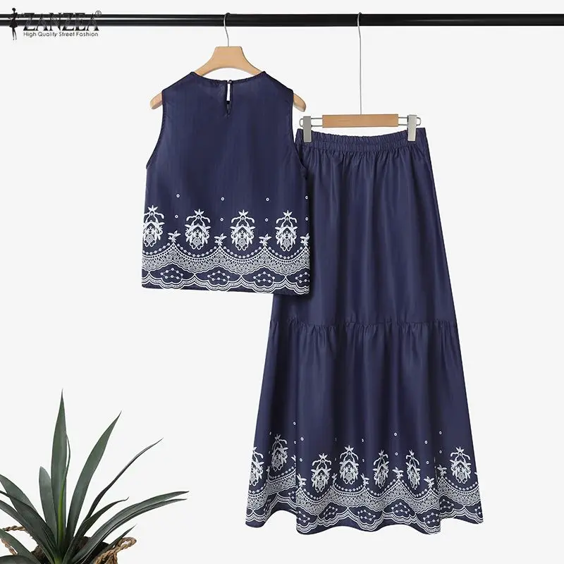 ZANZEA Fashion Striped Skirt Sets Women Vintage Printed Sleeveless Tops and A-Line Long Skirts 2 Pieces Dress Sets Woman Outfits