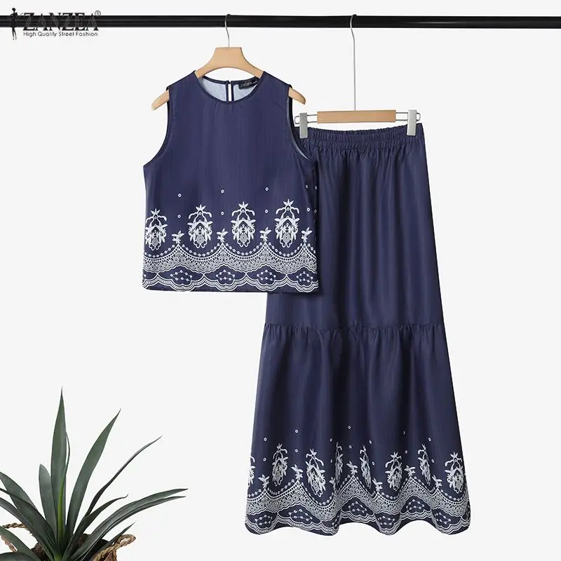 ZANZEA Fashion Striped Skirt Sets Women Vintage Printed Sleeveless Tops and A-Line Long Skirts 2 Pieces Dress Sets Woman Outfits