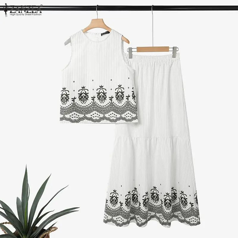 ZANZEA Fashion Striped Skirt Sets Women Vintage Printed Sleeveless Tops and A-Line Long Skirts 2 Pieces Dress Sets Woman Outfits