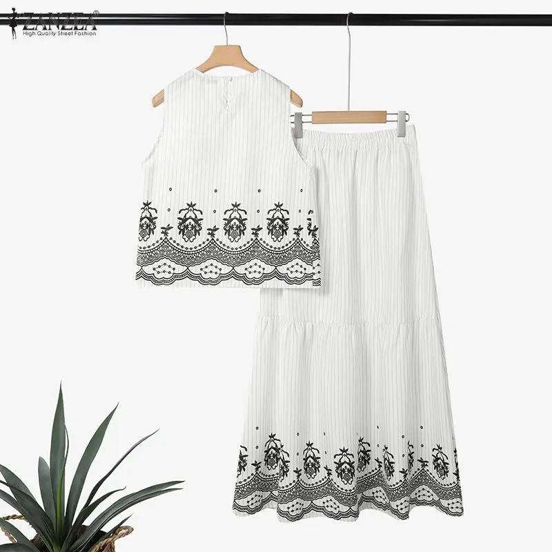 ZANZEA Fashion Striped Skirt Sets Women Vintage Printed Sleeveless Tops and A-Line Long Skirts 2 Pieces Dress Sets Woman Outfits
