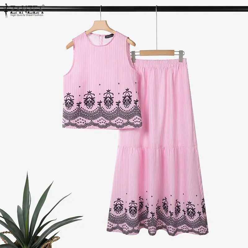 ZANZEA Fashion Striped Skirt Sets Women Vintage Printed Sleeveless Tops and A-Line Long Skirts 2 Pieces Dress Sets Woman Outfits