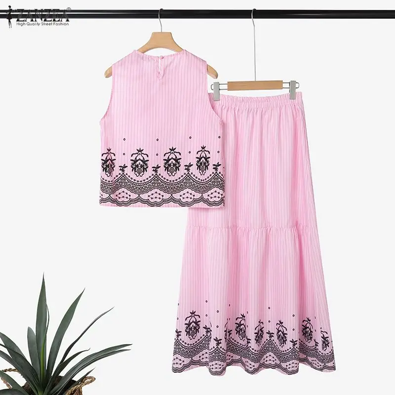 ZANZEA Fashion Striped Skirt Sets Women Vintage Printed Sleeveless Tops and A-Line Long Skirts 2 Pieces Dress Sets Woman Outfits