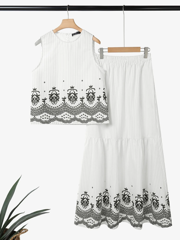 ZANZEA Fashion Striped Skirt Sets Women Vintage Printed Sleeveless Tops and A-Line Long Skirts 2 Pieces Dress Sets Woman Outfits