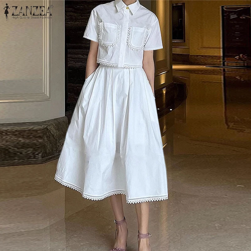 ZANZEA Womens Casual 2 Piece Sets Lace Trim Short Sleeve Crop Tops A-line Midi Skirts 2PCS Outfits Elegant Commute Skirt Sets