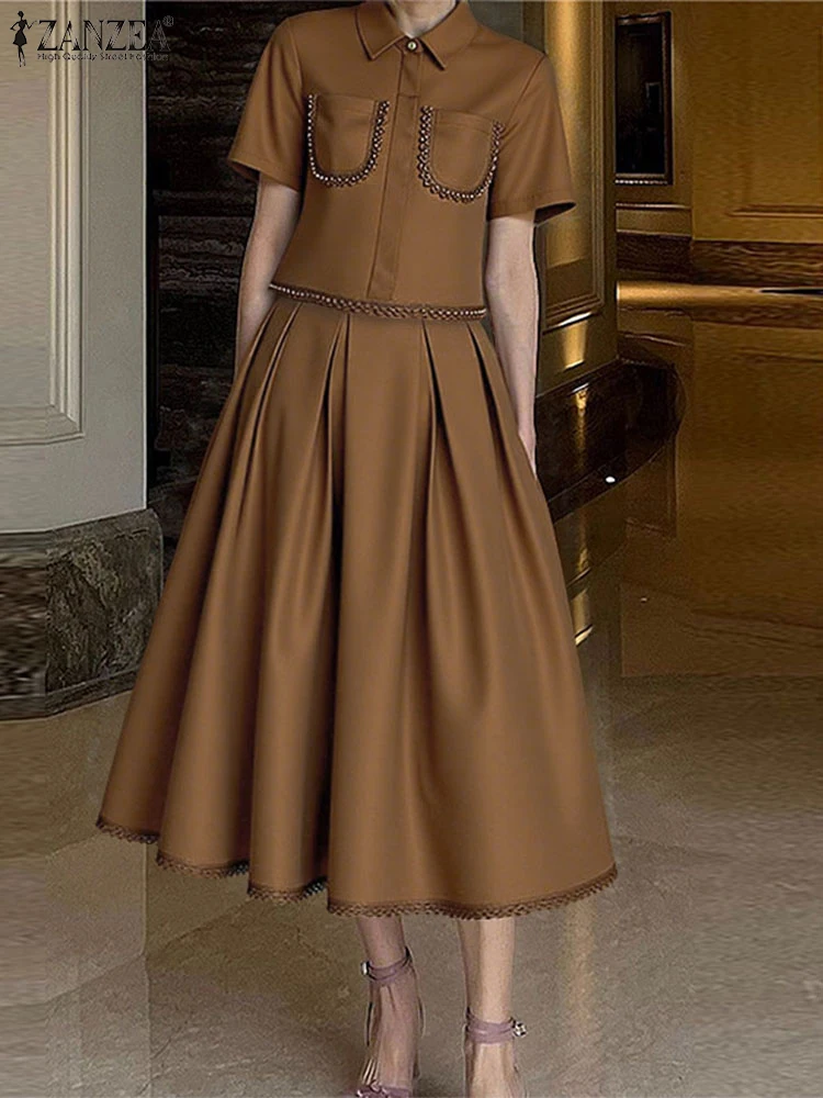 ZANZEA Womens Casual 2 Piece Sets Lace Trim Short Sleeve Crop Tops A-line Midi Skirts 2PCS Outfits Elegant Commute Skirt Sets