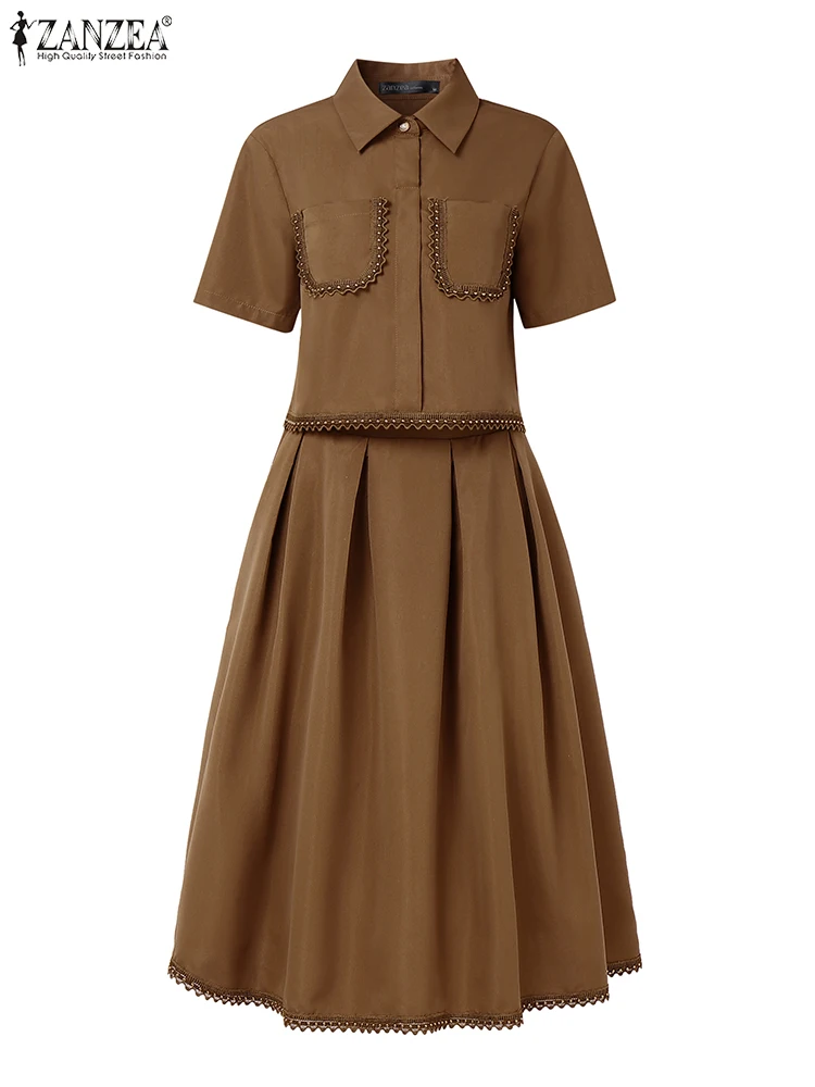 ZANZEA Womens Casual 2 Piece Sets Lace Trim Short Sleeve Crop Tops A-line Midi Skirts 2PCS Outfits Elegant Commute Skirt Sets