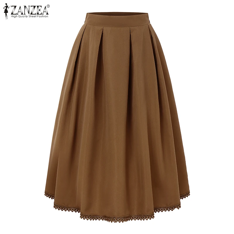 ZANZEA Womens Casual 2 Piece Sets Lace Trim Short Sleeve Crop Tops A-line Midi Skirts 2PCS Outfits Elegant Commute Skirt Sets