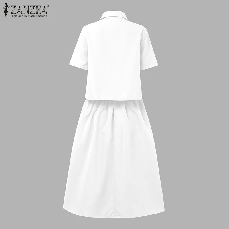 ZANZEA Womens Casual 2 Piece Sets Lace Trim Short Sleeve Crop Tops A-line Midi Skirts 2PCS Outfits Elegant Commute Skirt Sets