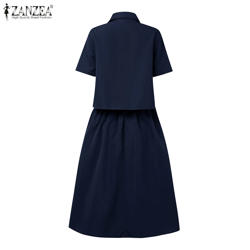 ZANZEA Womens Casual 2 Piece Sets Lace Trim Short Sleeve Crop Tops A-line Midi Skirts 2PCS Outfits Elegant Commute Skirt Sets