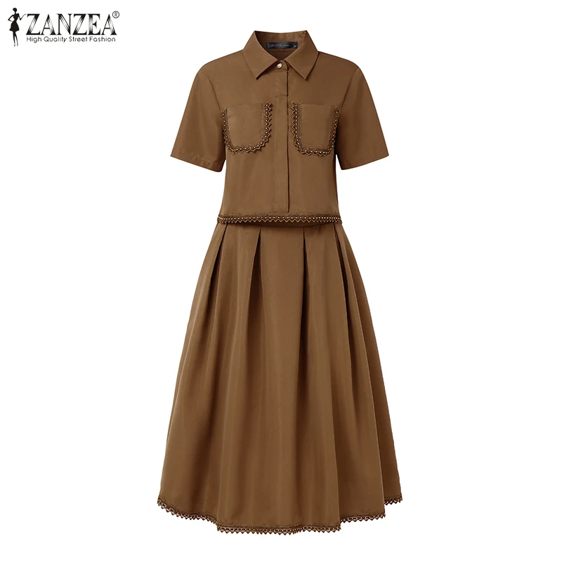 ZANZEA Womens Casual 2 Piece Sets Lace Trim Short Sleeve Crop Tops A-line Midi Skirts 2PCS Outfits Elegant Commute Skirt Sets