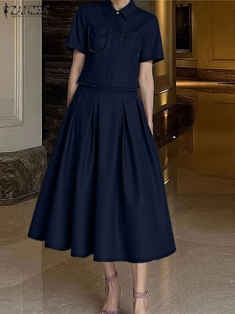 ZANZEA Womens Casual 2 Piece Sets Lace Trim Short Sleeve Crop Tops A-line Midi Skirts 2PCS Outfits Elegant Commute Skirt Sets