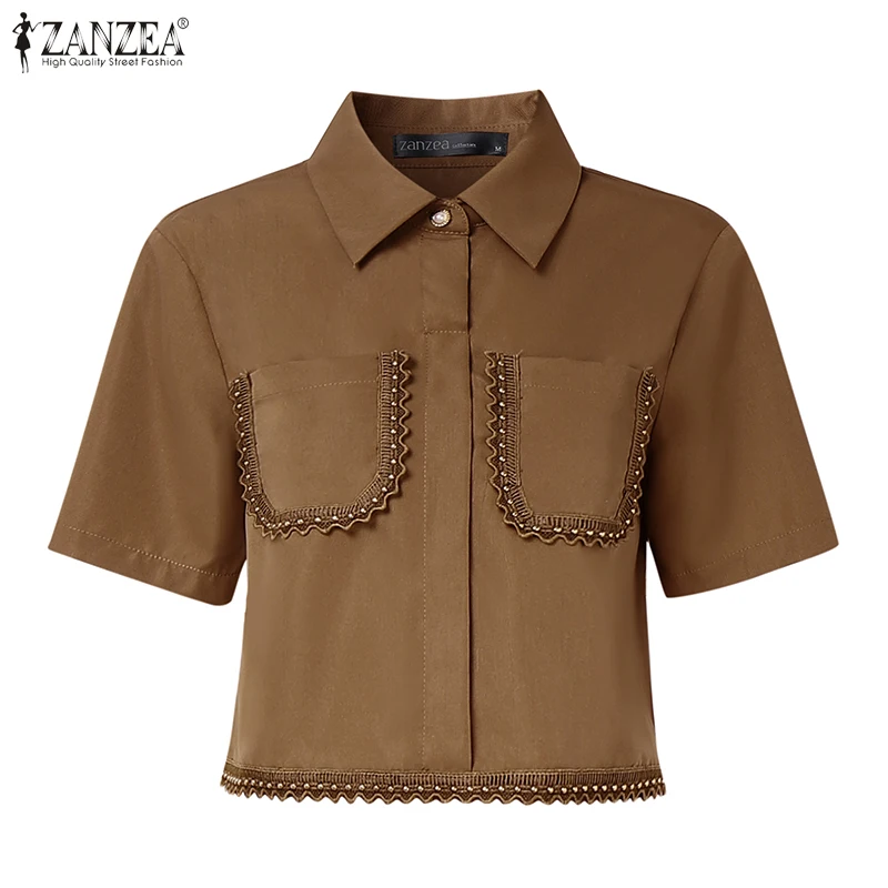 ZANZEA Womens Casual 2 Piece Sets Lace Trim Short Sleeve Crop Tops A-line Midi Skirts 2PCS Outfits Elegant Commute Skirt Sets