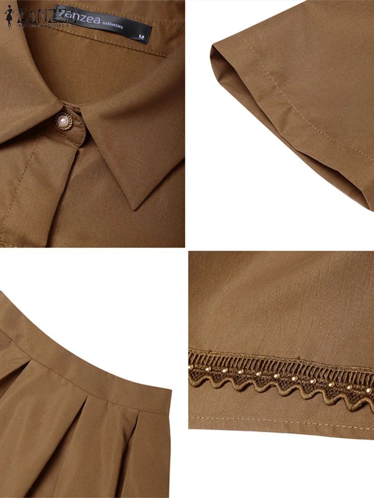 ZANZEA Womens Casual 2 Piece Sets Lace Trim Short Sleeve Crop Tops A-line Midi Skirts 2PCS Outfits Elegant Commute Skirt Sets