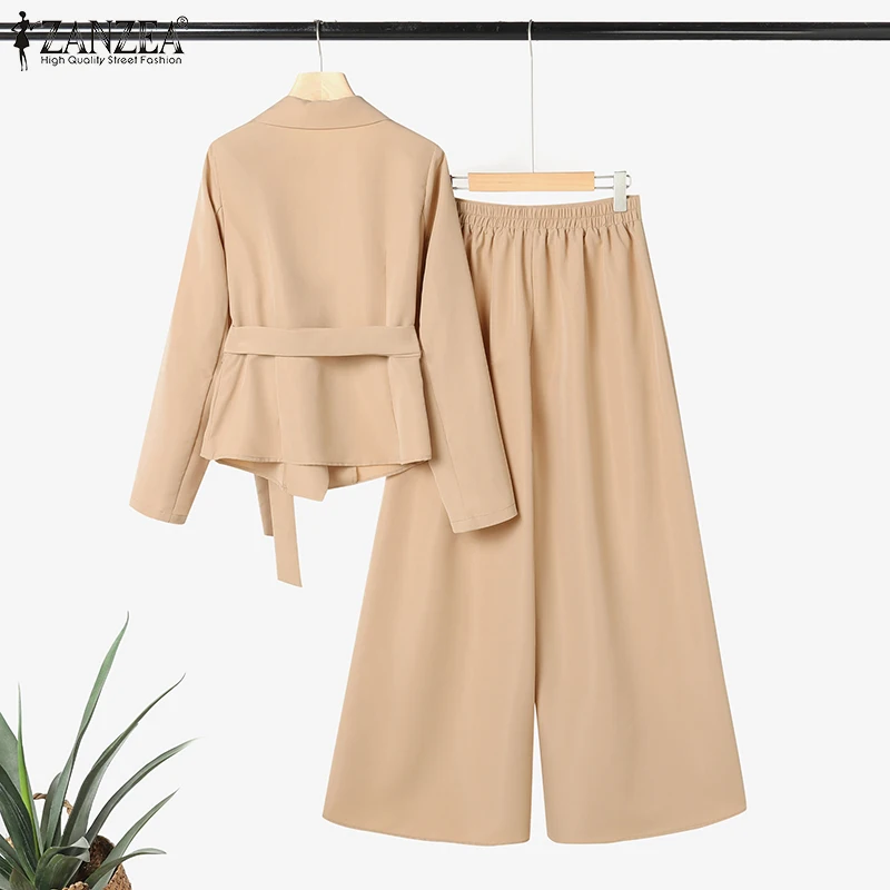 ZANZEA Elegant 2 Pieces Pant Sets Long Sleeve Belted Lightweight Blazer & Wide Leg Pant 2pcs Suits Office Lady Commuting Sets