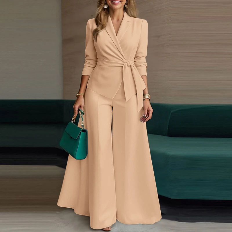 ZANZEA Elegant 2 Pieces Pant Sets Long Sleeve Belted Lightweight Blazer & Wide Leg Pant 2pcs Suits Office Lady Commuting Sets