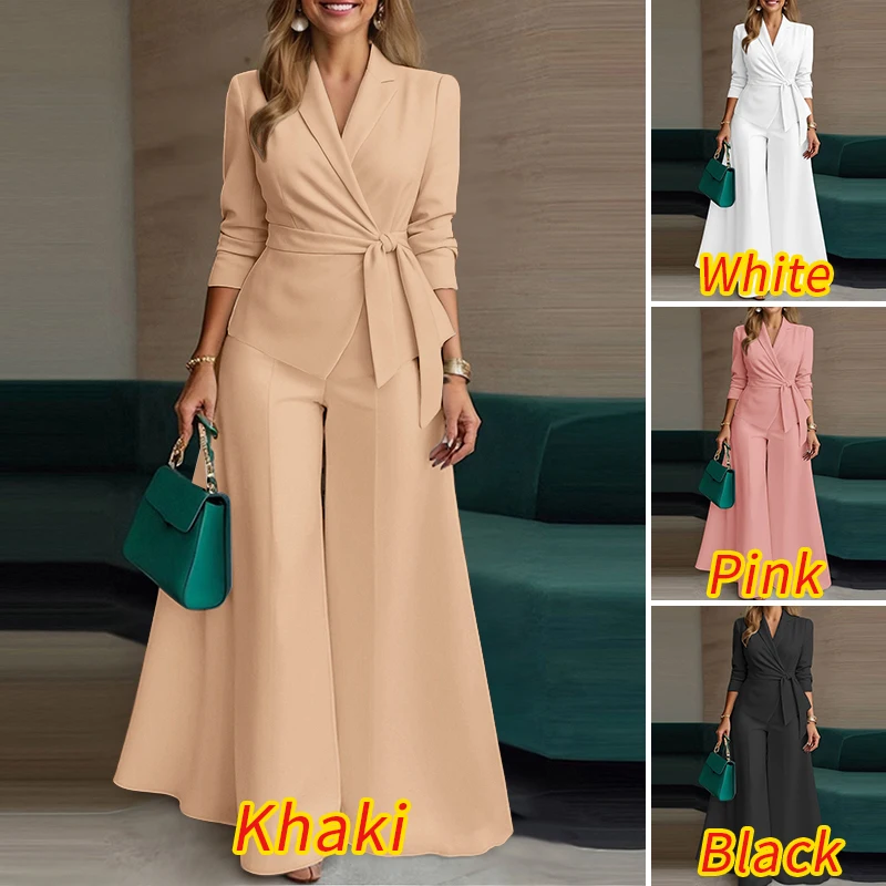 ZANZEA Elegant 2 Pieces Pant Sets Long Sleeve Belted Lightweight Blazer & Wide Leg Pant 2pcs Suits Office Lady Commuting Sets