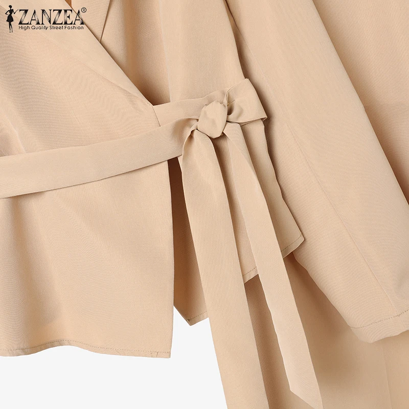 ZANZEA Elegant 2 Pieces Pant Sets Long Sleeve Belted Lightweight Blazer & Wide Leg Pant 2pcs Suits Office Lady Commuting Sets