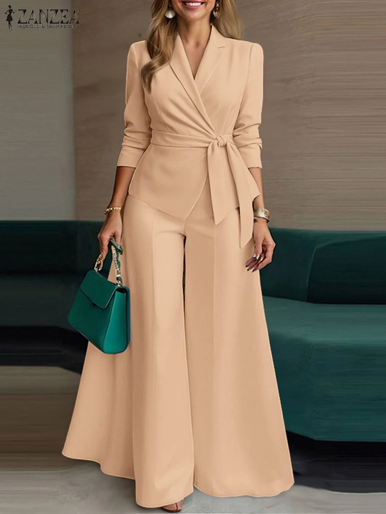 ZANZEA Elegant 2 Pieces Pant Sets Long Sleeve Belted Lightweight Blazer & Wide Leg Pant 2pcs Suits Office Lady Commuting Sets